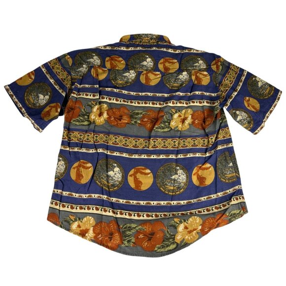 Forum Floral Hawaiian Button Up Shirt Top Men L Blue Orange Yellow Short Sleeve - Picture 4 of 4